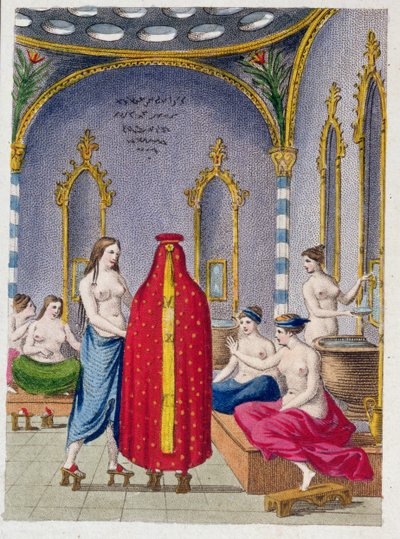 Hammam in Turkije, geïllustreerde plaat uit Moeurs, usages et costumes des ottomans door A. Castellan, Parijs, ca. 1810 door French School