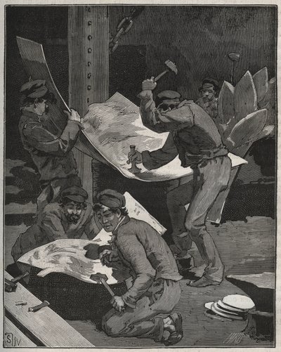 Hameren en assembleren van stukken van het Vrijheidsbeeld gemaakt door Frédéric Auguste Bartholdi (1834-1905). Gravure uit 1880 in 