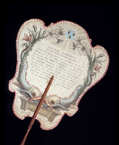 Handscherm. Achterkant. Kleurgravure op karton die het gezicht beschermde tegen de hitte van het vuur. Frankrijk 18e eeuw door French School