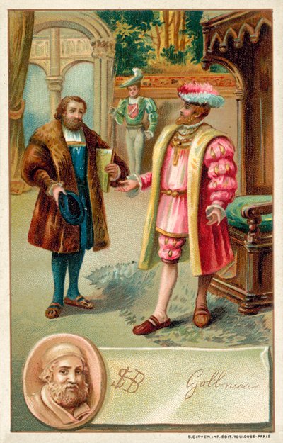 Hans Holbein met koning Hendrik VIII (chromolitho) door French School