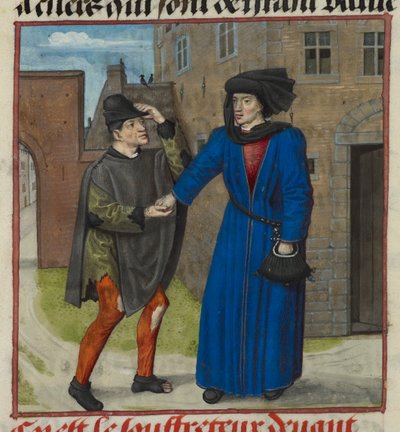 Detail van een miniatuur van een lijdende die geld krijgt van zijn ware vriend, uit Roman de la Rose, ca. 1490-1500 (perkament) door French School