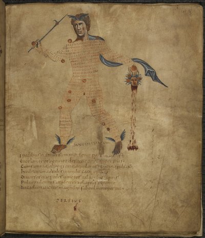 Illustratie van Perseus, een held uit de Griekse mythologie, met het hoofd van de slangharige Medusa, uit 