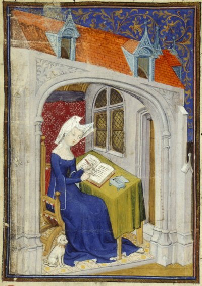 (detail) Miniatuur van Christine de Pizan in haar studeerkamer aan het begin van de 