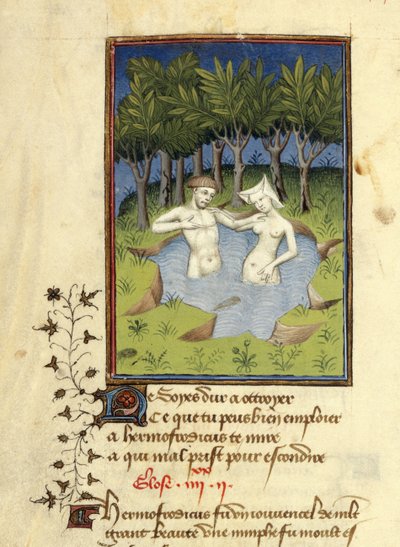 Miniatuur van Hermaphroditus en de nimf Salmacis die baden in een meer, uit 