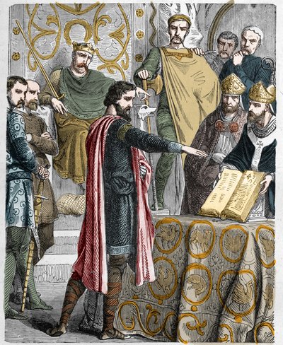 Harold II laatste Angelsaksische koning gekroond in 1064, gezworen op de heilige relieken voor Willem I de Veroveraar om zijn zaak te steunen op de troon van Engeland na de dood van Edward de Belijder door French School