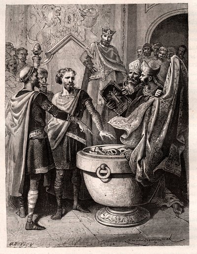 Harold II (1020-1066) laatste Angelsaksische koning gekroond in 1064, gezworen op heilige relikwieën voor Willem I de Veroveraar om zijn zaak te steunen bij de troon van Engeland na de dood van Edward de Belijder, rond 1064 door French School