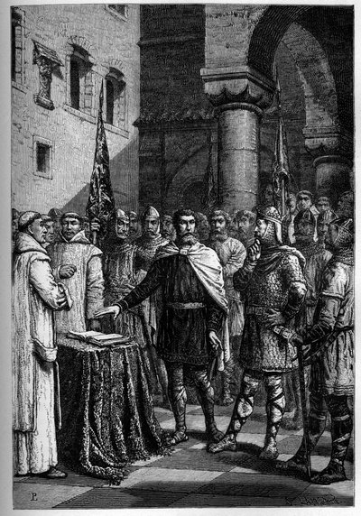 Harold, koning van de Engelsen, zweert trouw aan Willem, hertog van Normandië (Willem I) - Harold II (1020-1066) laatste Angelsaksische koning gekroond in 1064, die een eed aflegt op de heilige relieken voor Willem I de Veroveraar om zijn zaak te steunen o door French School