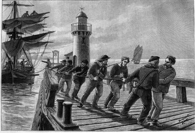 Trekpaarden die een boot slepen, eind 19e eeuw. Gravure in Journal des Voyages van 26 maart 1899. door French School