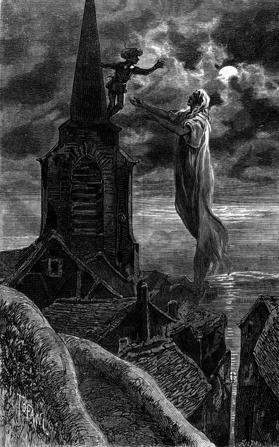 Hij verscheen op de klokkentoren van de kerk. Gravure ter illustratie van de roman 