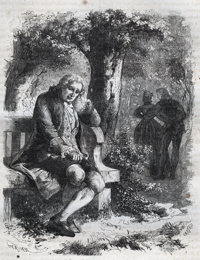 Hij hoorde het gefluister van een kus. De Zwitserse filosoof Jean Jacques (Jean-Jacques) Rousseau (1712-1778) betrapt zijn metgezel Marie-Therese (Marie Therese) Le Vasseur (Levasseur) (1721-1801) op overspel. Gravure uit 1871 in 
