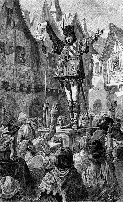 Hij hield een rol in zijn hand. Gravure ter illustratie van de roman 
