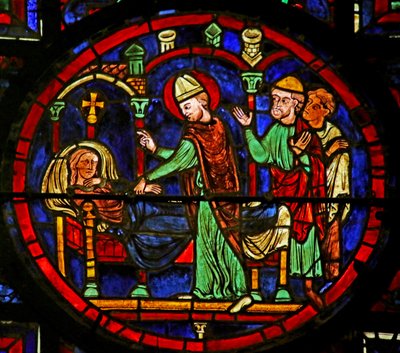 Genezing van Tetradius, scène uit het leven van St. Martin, kathedraal van Chartres door French School