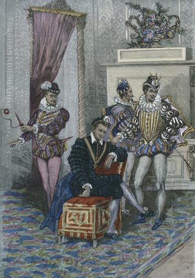 Henri III (1551-89) en zijn favorieten (kleurgravure) door French School