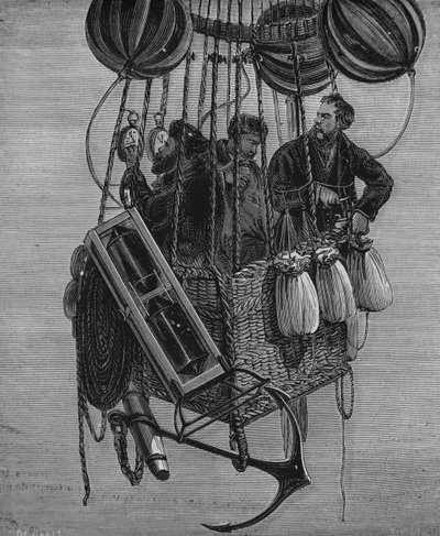 Henri Theodore Sivel (1834-75), Joseph Croce Spinelli en Gerard Tissandier in de gondel van ballon Zenith, 15 april 1875 door French School