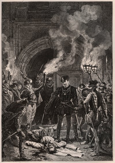 Hendrik I van Lotharingen, hertog van Guise, aanschouwt het lijk van Gaspard II van Coligny - aan de vooravond van Saint-Barthelemy, 24 augustus 1572 - Franse protestantse admiraal en religieus leider Coligny, gedood bij St Barth door French School