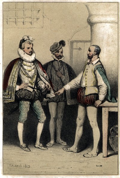 Hendrik III (1551-1589), koning van Frankrijk, bezoekt Bernard Palissy, keramist, opgesloten in de Bastille. in "Scenes de la vie des hommes célèbres" gravure in twee kleuren door Valerio. 1843 door French School