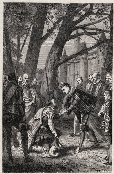 Hendrik III en Hendrik van Navarra toekomstige Hendrik IV ontmoeten elkaar in Plessis-les-Tours op 30 april door French School
