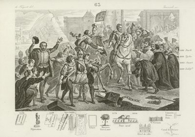 Hendrik IV van Frankrijk betreedt Parijs vergezeld door de graaf van Brissac, gouverneur van de stad, 22 maart 1594 door French School