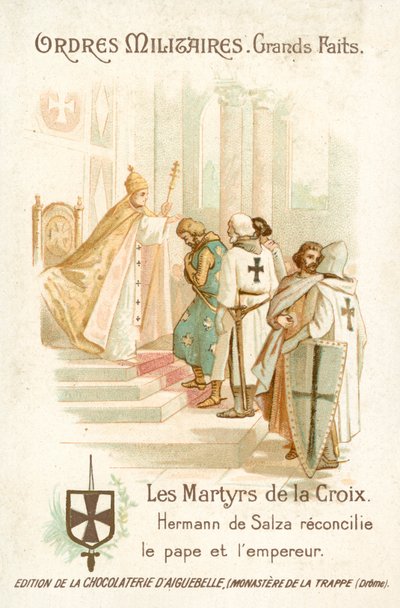 Hermann von Salza, Grootmeester van de Teutoonse Ridders, brengt een verzoening tot stand tussen paus Gregorius IX en keizer Frederik II door French School