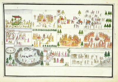 Hindoeïstische Festivals inclusief Dasehra, Diwali en Holi uit Het Gentil Album, gepubliceerd in 1774 door French School