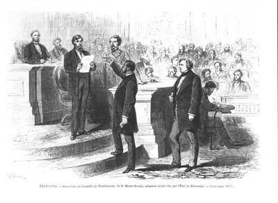 Hiram Revels, de eerste zwarte senator van de staat Mississippi, wordt beëdigd in het Congres van Washington door French School