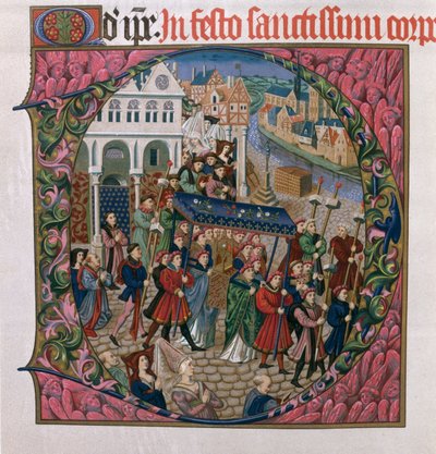 Versierde initiaal D met een religieuze processie op de Place de Grève, Parijs in de 15e eeuw (facsimile editie van Missel de Jouvenel des Ursins) door French School