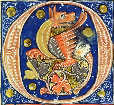 Geïllustreerde initiaal O met een gevleugelde griffioen door French School