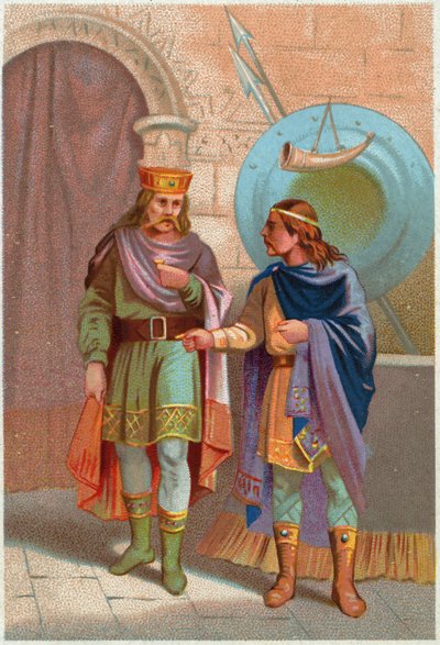 Geschiedenis. Frankrijk. Childeric I, Merovingische koning, verdreven door de Franken. Beeldvorming, Frankrijk, ca. 1900 (prent) door French School