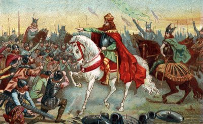Geschiedenis van Gallië in de Middeleeuwen: Germaanse Saksen knielen voor koning Karel de Grote (742-814) die de oorlogen won. Chromolithografie van het einde van de 19e eeuw. door French School