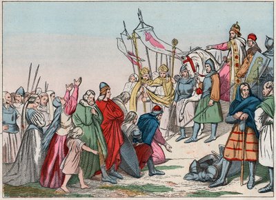 Geschiedenis van Gallië in de Middeleeuwen: Germaanse Saksen knielen voor koning Karel de Grote, winnaar van de oorlogen. Gravure uit het einde van de 19e eeuw in 