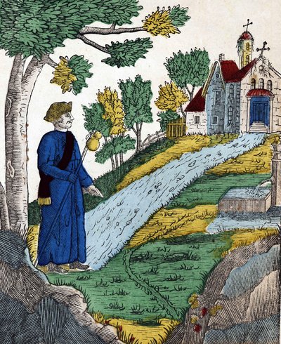 Geschiedenis van de vier zonen Aymon; Maugis, nadat hij Karel de Grote gevangen had genomen, ging naar een kluizenaarswoning om daar boete te doen (spinal afbeelding 19e eeuw) door French School