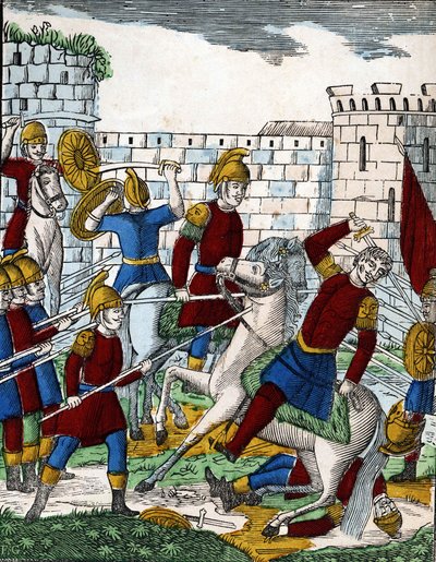 Geschiedenis van de vier zonen Aymon; De verrader Ganelon, in een hinderlaag in de vallei van Soissons, doodt de hertog van Beauves d
