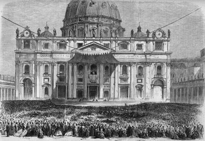 Goede Week in Rome: uitzicht op het Sint-Pietersplein in Rome (Piazza San Pietro) tijdens de zegen urbi et orbi op Witte Donderdag en Paaszondag. Gravure in Le Monde Illustré nr. 526 van 11 mei 1867. door French School