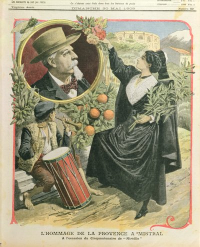 Hulde aan Frédéric Mistral (1830-1914) ter gelegenheid van het vijftigjarig jubileum van de publicatie van Mireille, illustratie uit Le Petit Journal, 30 mei 1909 door French School