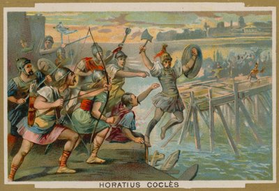 Horatius Cocles, Romeinse soldaat, verdedigt de Pons Sublicius tegen het invallende leger van de koning van Clusium, 6e eeuw v.Chr. door French School