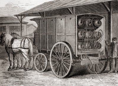 Paard en wagen gebruikt om samengeperst gas in draagbare containers te vervoeren in de 19e eeuw, uit Les Merveilles de la Science, gepubliceerd ca. 1870 door French School