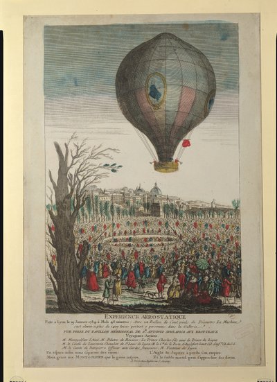 Heteluchtballonexperiment door de gebroeders Montgolfier en François Pilatre de Rozier (1754-85) in Lyon, 19 januari 1784 door French School