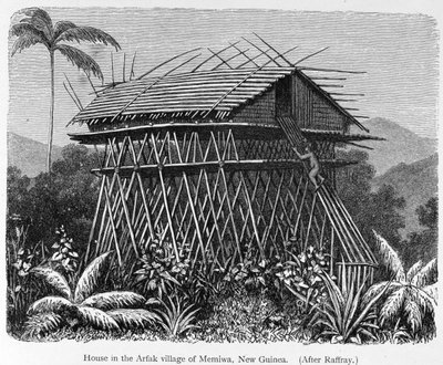 Huis in het Arfak-dorp Memiwa, Nieuw-Guinea, uit 