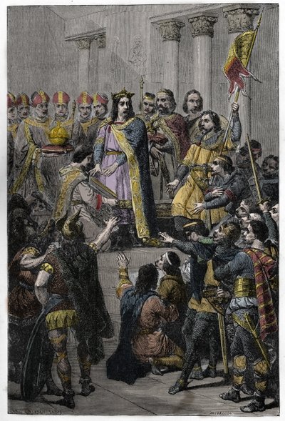 Hugh Capet verkozen tot koning - Kroning van Hugues Capet (ca. 941-996), koning van Frankrijk, 3 juli 987 in Noyon, door Adalberon (ca. 925-990), aartsbisschop van Reims. door French School