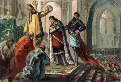 Hugues Capet, koning van Frankrijk van 987 tot 996, maakt zijn zoon, de toekomstige Robert II de Vrome (972 - 1031), heilig door Adalberon, aartsbisschop van Reims, in de kathedraal van Orléans in 987. door French School