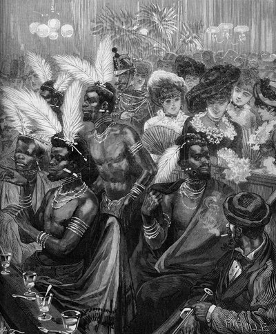 Menselijke Zoo: Zulu krijgers tentoongesteld in een lodge in het Cabaret des Folies Bergeres in Parijs in 1879. Gravure in 