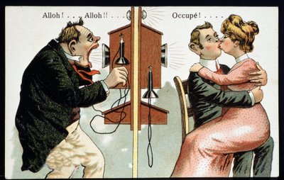 Humoristische ansichtkaart over de telefoon, begin 20e eeuw door French School