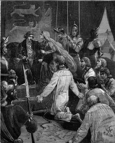 Honderdjarige Oorlog. De burgers van Calais: toewijding van Eustache van St. Peter en zijn metgezellen aan koning Edward III van Engeland smeekt om hun genade, ondersteund door koningin Philippa van Henegouwen (1311-1369). door French School