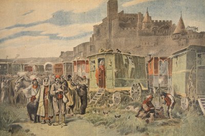 Hongaarse zigeuners buiten Carcassonne, illustratie uit Le Petit Journal: Supplement illustre, 18 december 1898 door French School