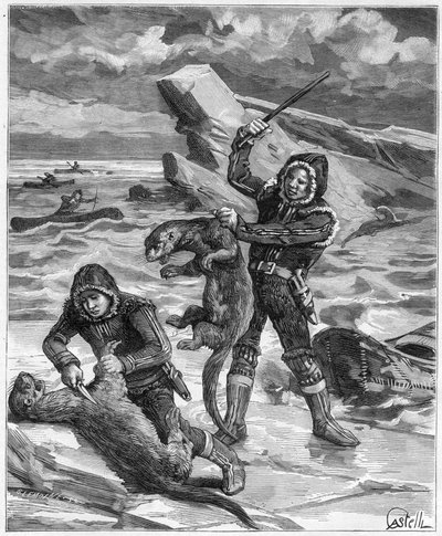 Otterjagers in Alaska - otterjagers van Alaska in 1888 - Gravure in 