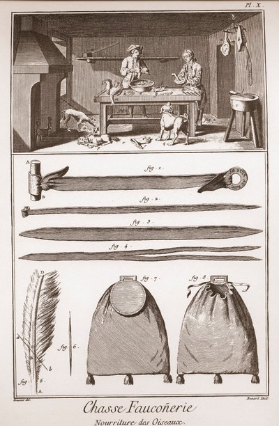 Jacht - Valkenjacht - Voeding van vogels - Gravure door Benard naar Goussier - 