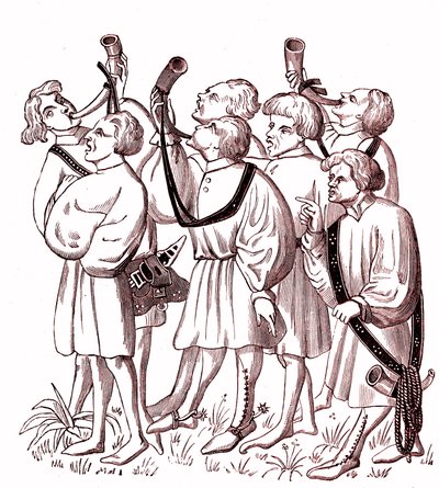 Jachthoornblazers (15e eeuw) - Simile College van een miniatuur uit het manuscript van Gaston Phebus (1331-1391) door French School