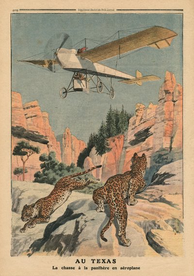 Jacht op panters vanuit een vliegtuig in Texas, illustratie uit 