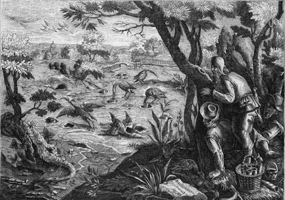 Jachttechniek: de kraanpijpleiding in België, in de 16e eeuw - Gravure door E Garnier naar Jean Stradan - In 