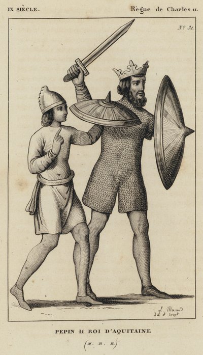 9e eeuw, Regeerperiode van Karel II, Pepijn II, koning van Aquitanië (gravure) door French School